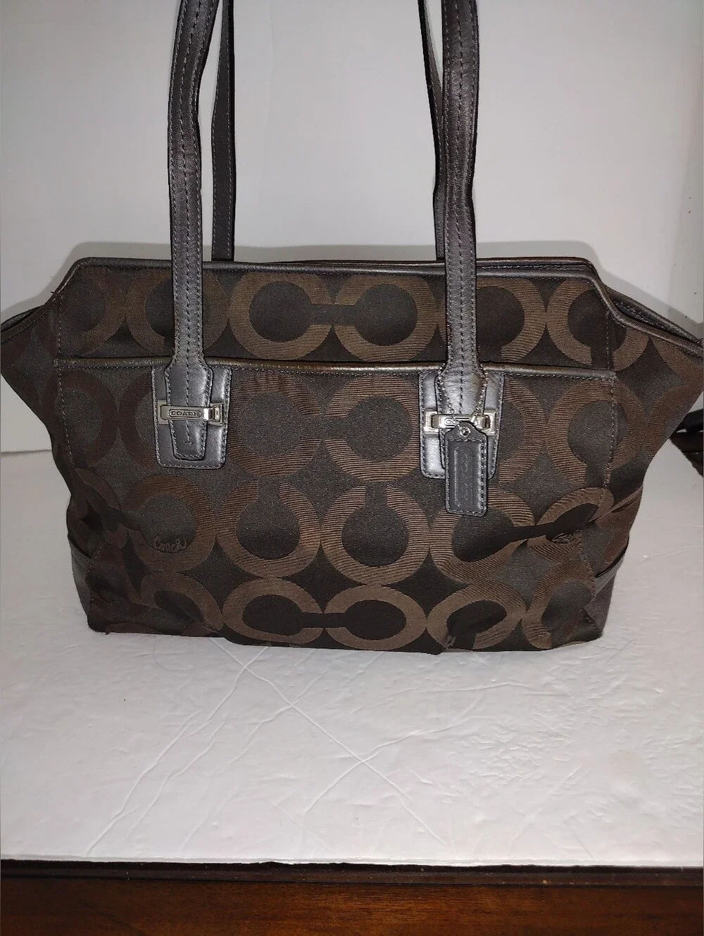 Coach Taylor Op Art Alexis Carryall Tote Bag Brown Sateen F25501 Shoulder Purse